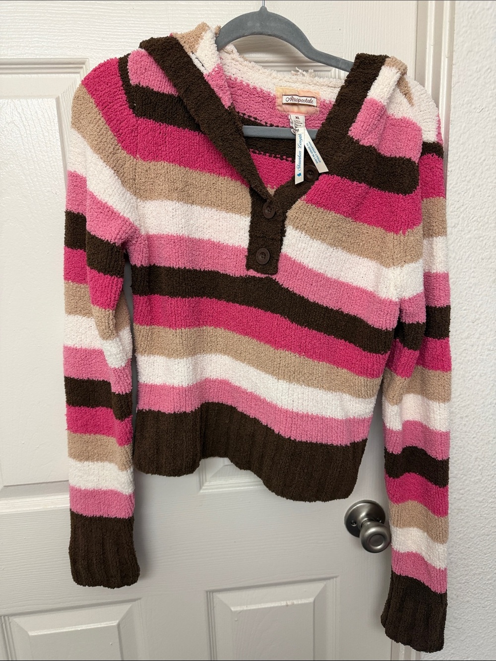 Y2k Aeropostale Pink Brown Stripe V-Neck Hooded Sweater